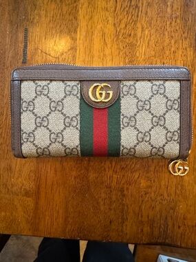 Gucci GG Supreme Zip Wallet with Green and Red Web Stripe and Brown Trim